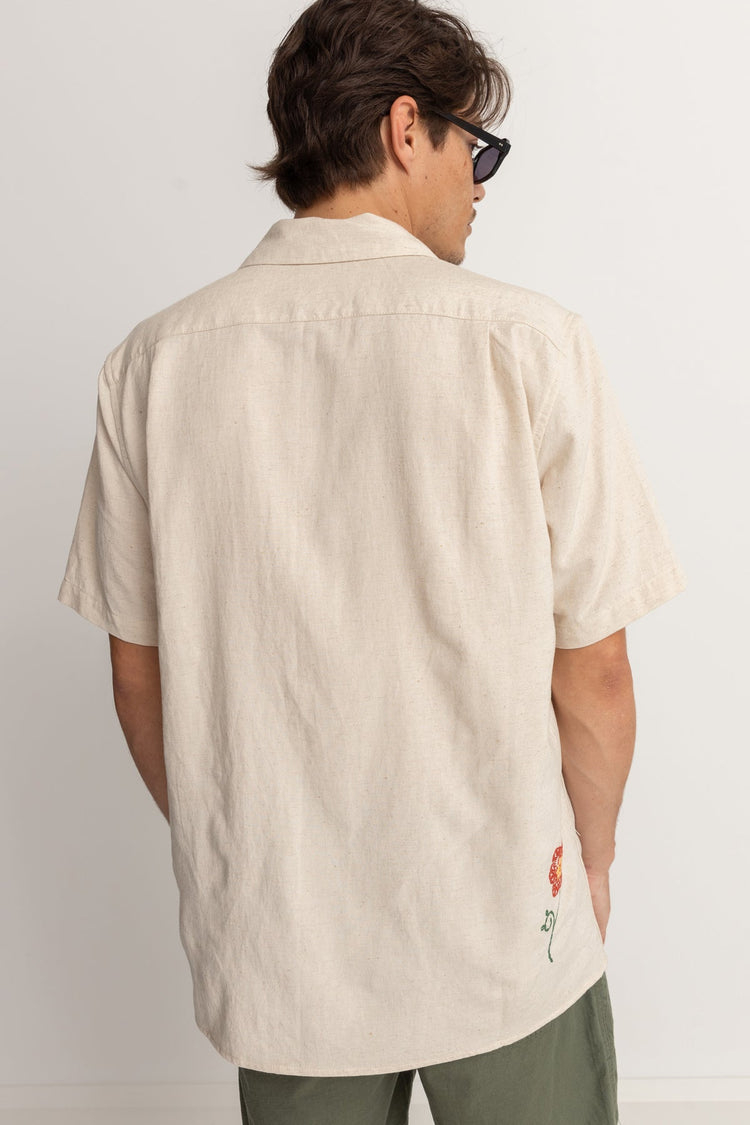 Men's Flower Embroidery Short Sleeve Shirt - Natural