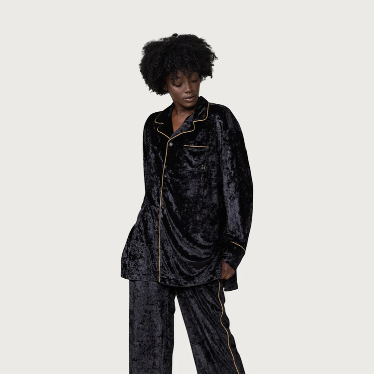 Women's Velvet Pajama L/S Button up - Black