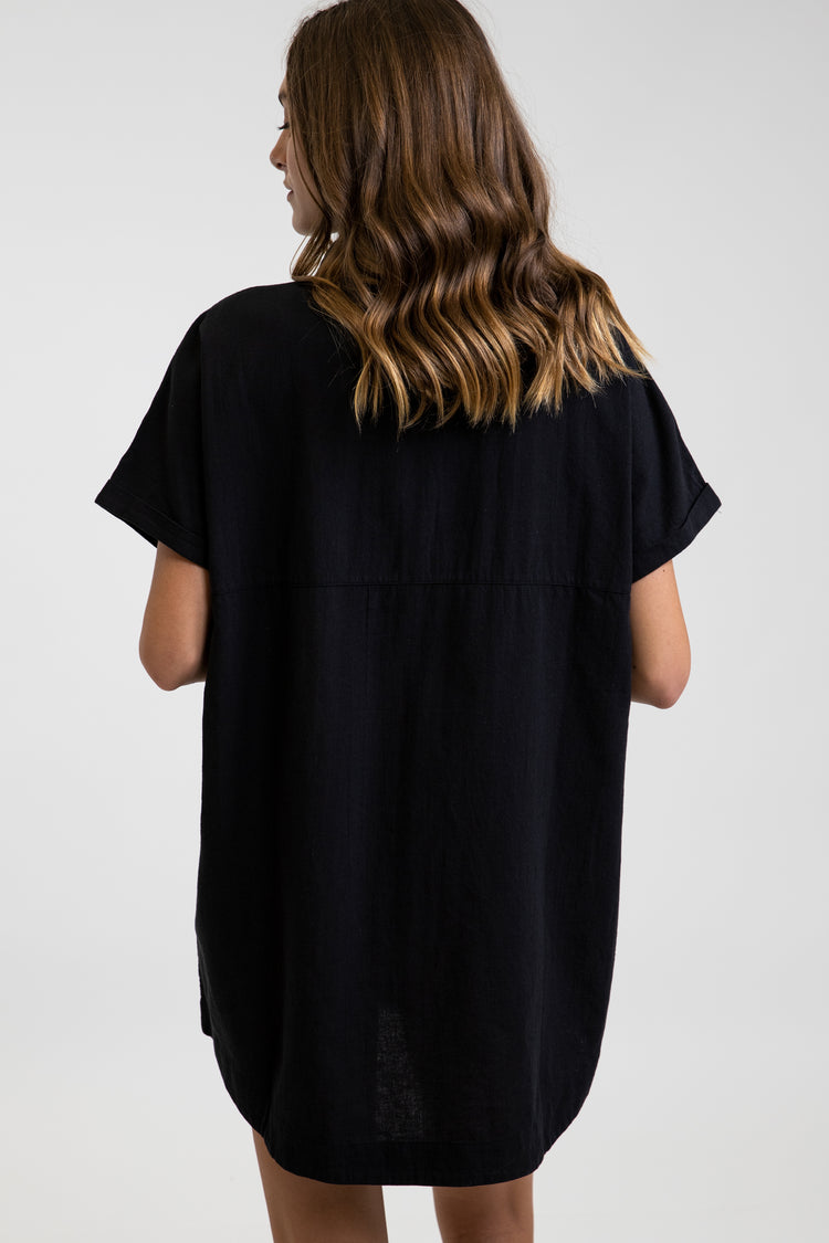 Women's Classic Linen Shirt Dress - Black