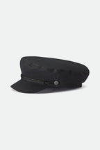 Black cap with a leather strap on a white background