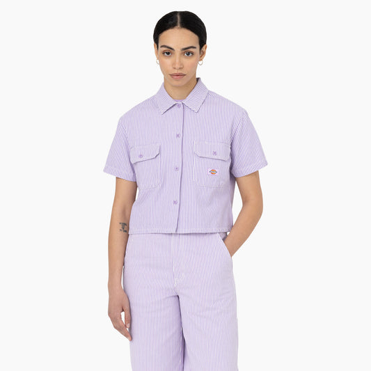 Women's Dickies Hickory Stripe Cropped Work Shirt FSR32 - Ecru/lilac