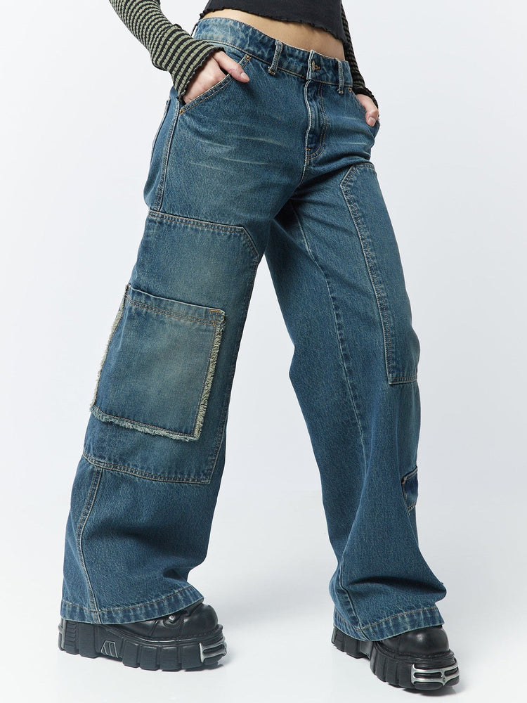 Women's Track Blue Multi Pocket Overdye Cargo Jeans