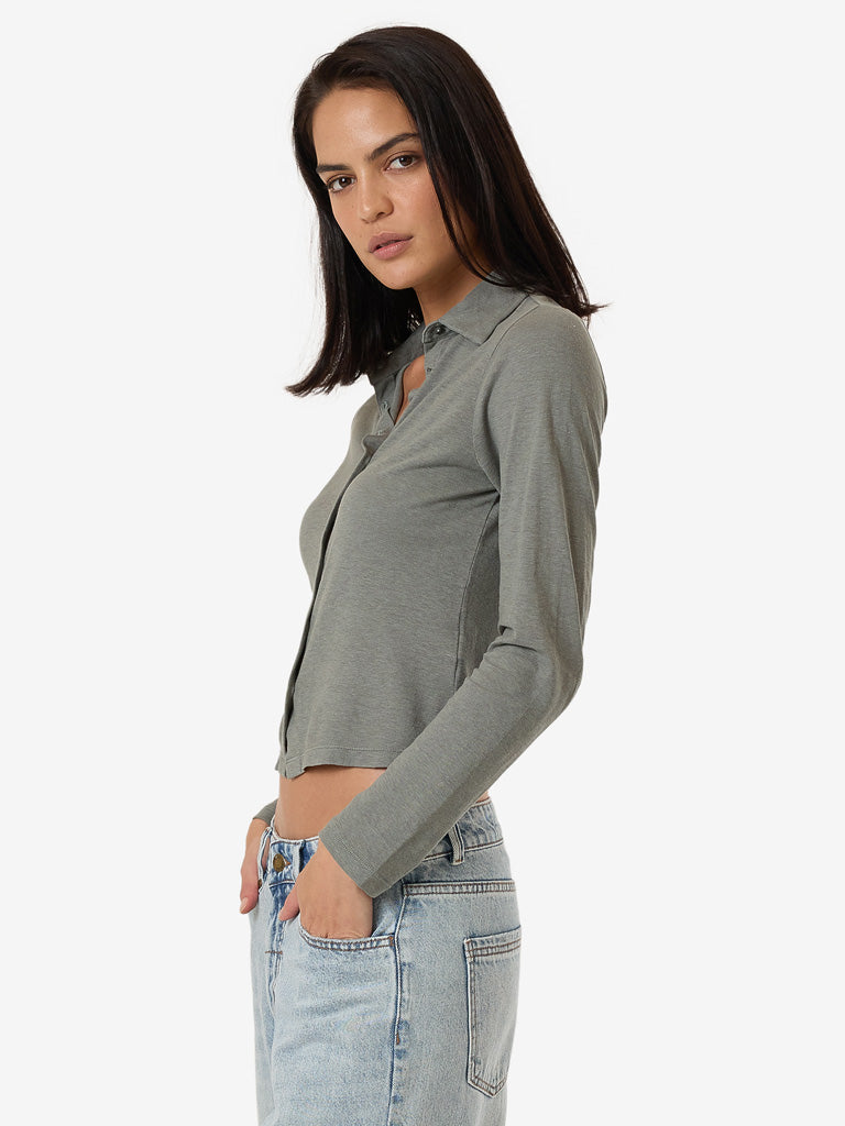 Women's Hemp Collared Long Sleeve - Green Smoke