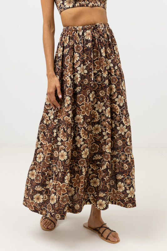 WOMEN'S CANTABRIA FLORAL TIERED MAXI SKIRT - BROWN