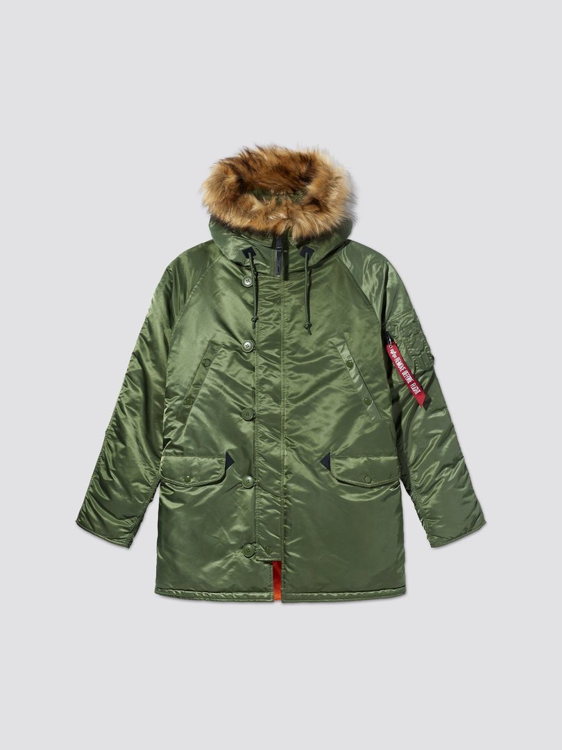 A green Alpha Slim Fit N-3B Parka with a hood featuring a fur lining, pockets, and a visible brand label on the sleeve.