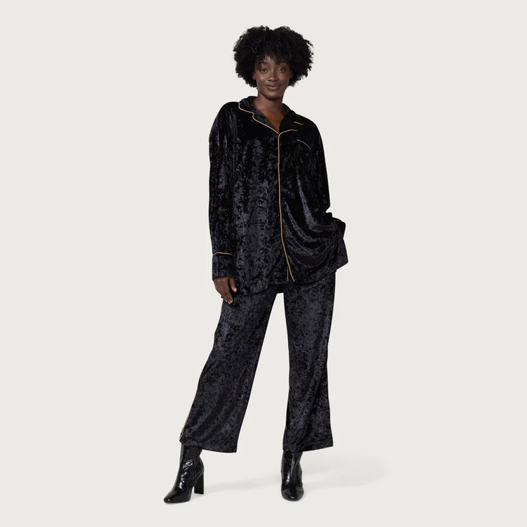 Women's Velvet Pajama L/S Button up - Black