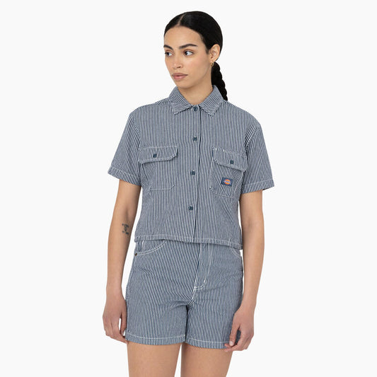 Women's Dickies Hickory Stripe Cropped Work Shirt FSR32 - Airforce Blue / Ecru