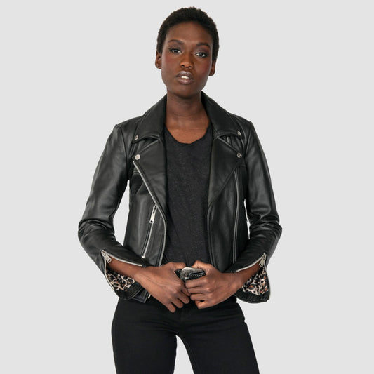Women's Bristol Lightweight Leather Jacket - Leopard Print Lining