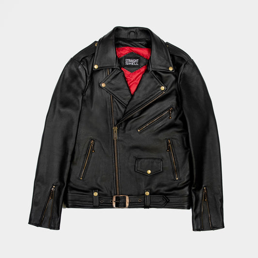 Men's Classic Fit Commando Leather Jacket - Black/Brass