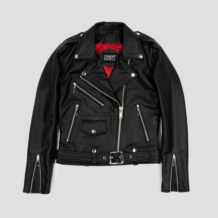 Women's Classic Fit Commando Leather Jacket  - Black/nickel W/ Red Lining