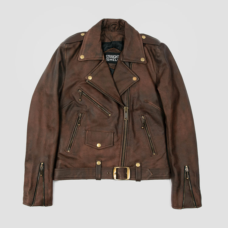WOMEN'S CLASSIC FIT COMMANDO LEATHER JACKET - WASHED BROWN/BRASS