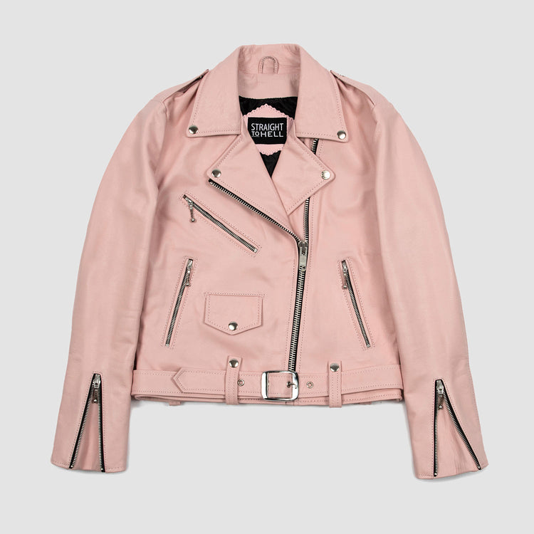 Women's Classic Fit Commando Leather Jacket - Dusty Pink/nickel