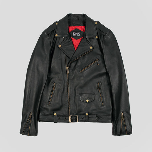 Men's Long Classic Fit Commando Leather Jacket - Black/brass