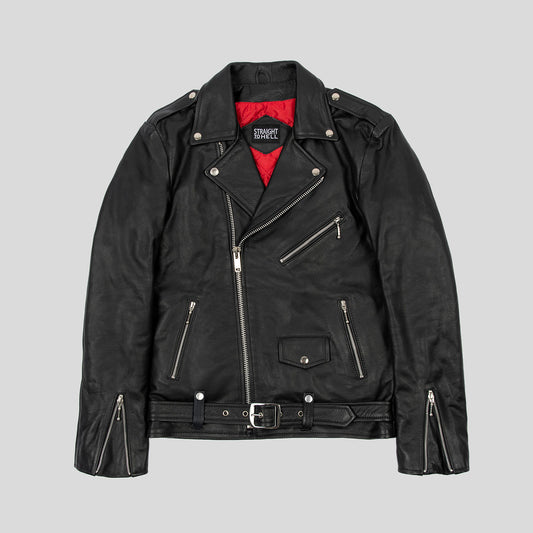 Men's Long Classic Fit Commando Leather Jacket - Black/nickel