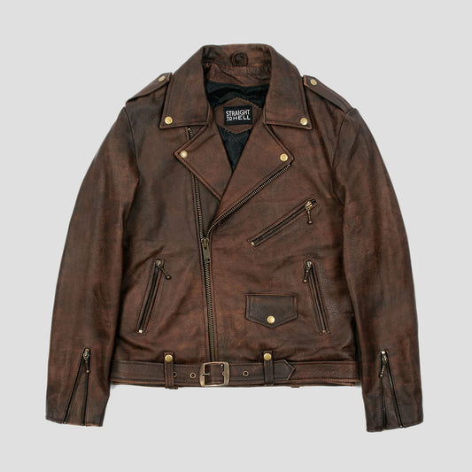 Men's Classic Fit Commando Leather Jacket - Washed Brown/brass