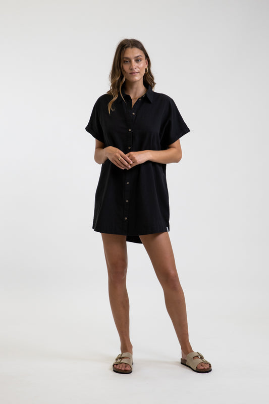 Women's Classic Linen Shirt Dress - Black